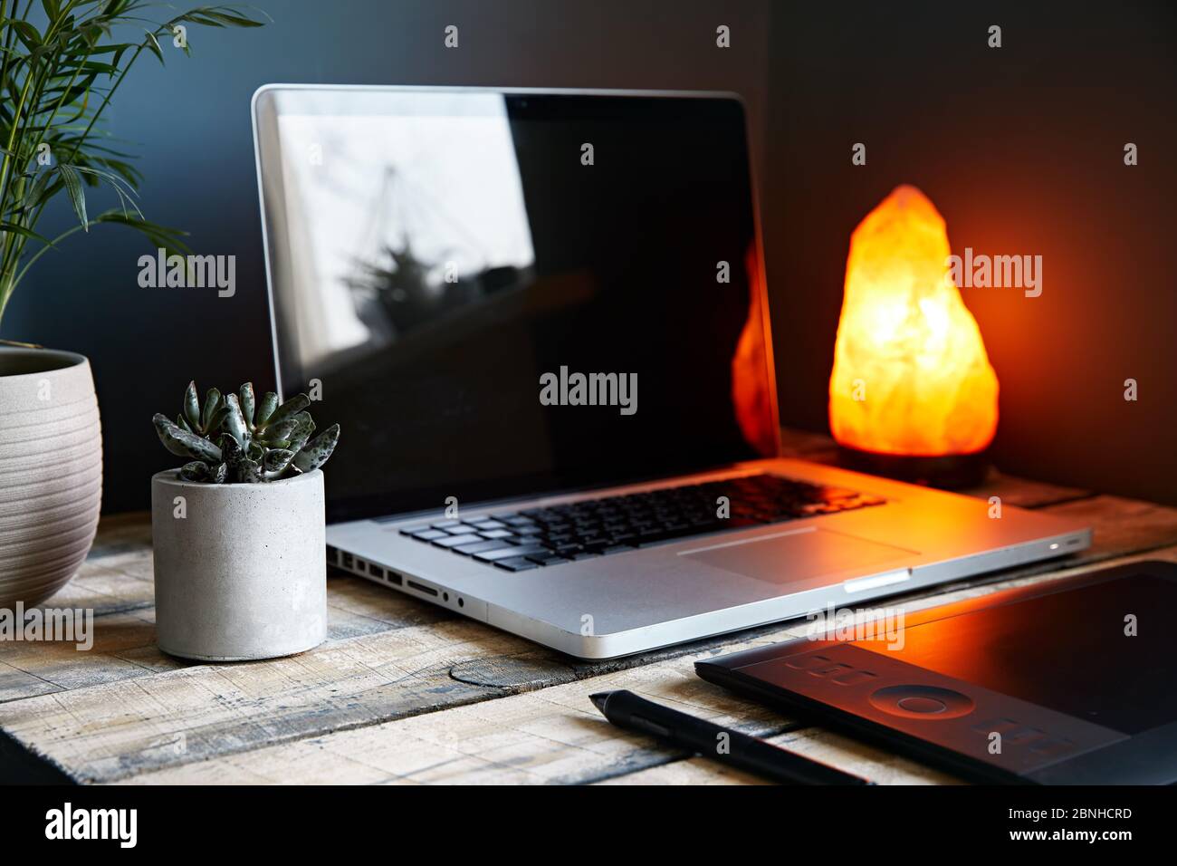 Gemütlicher Arbeitsplatz mit Laptop, Grafik-Tablet, Pflanzen und gelb glühende Lampe auf Stein grauen Wand Hintergrund. Arbeiten von zu Hause Konzept. Stockfoto