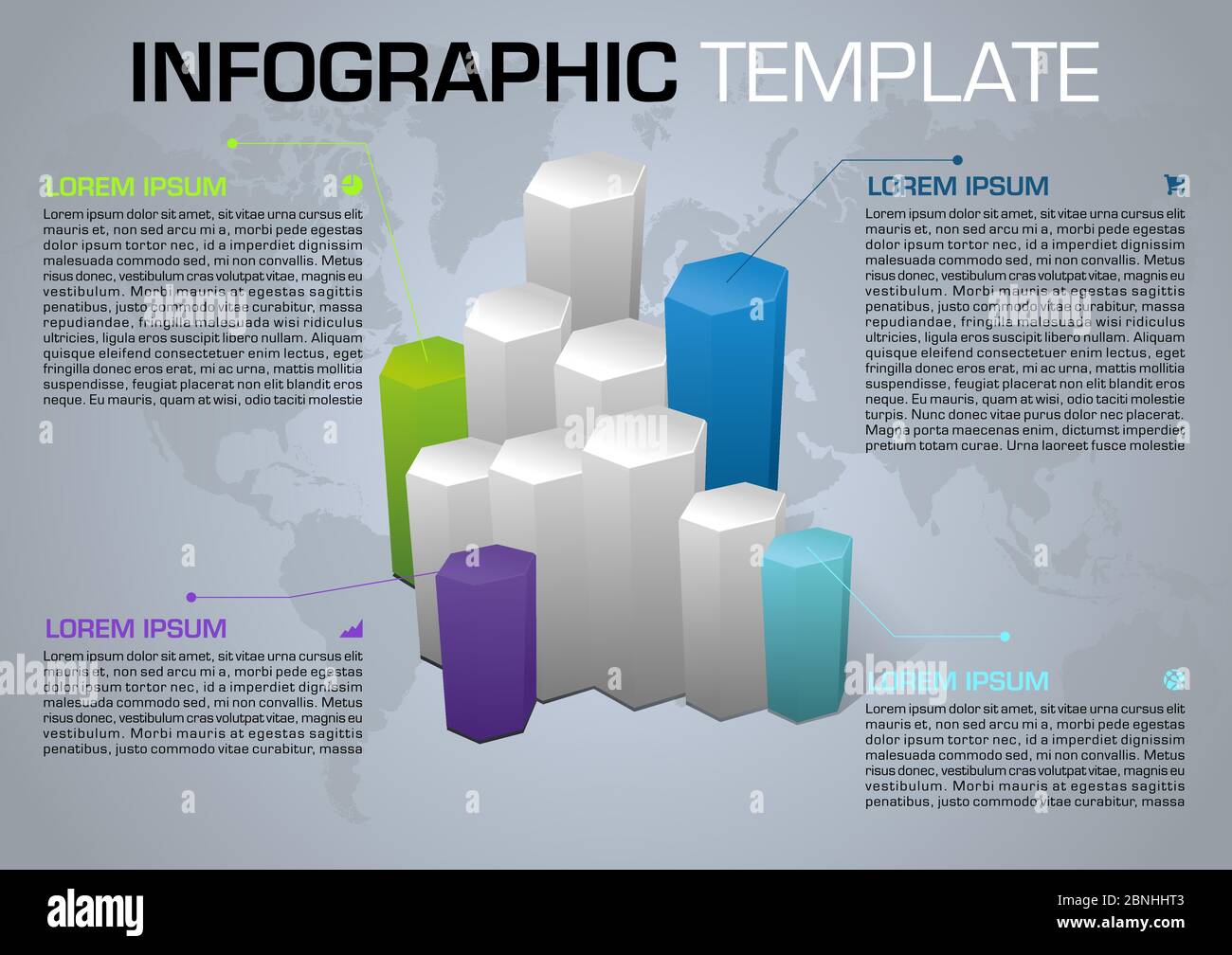 Moderne bunte Infografiken Optionen Vorlage Vektor mit 3D-Hexagon und Weltkarte Stock Vektor