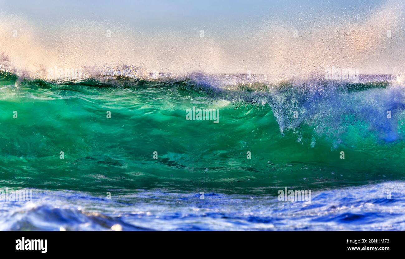 Emarald rollende Welle des Pazifischen Ozeans, die bei Sonnenaufgang an den Stränden von Sydney Northern abfällt. Stockfoto