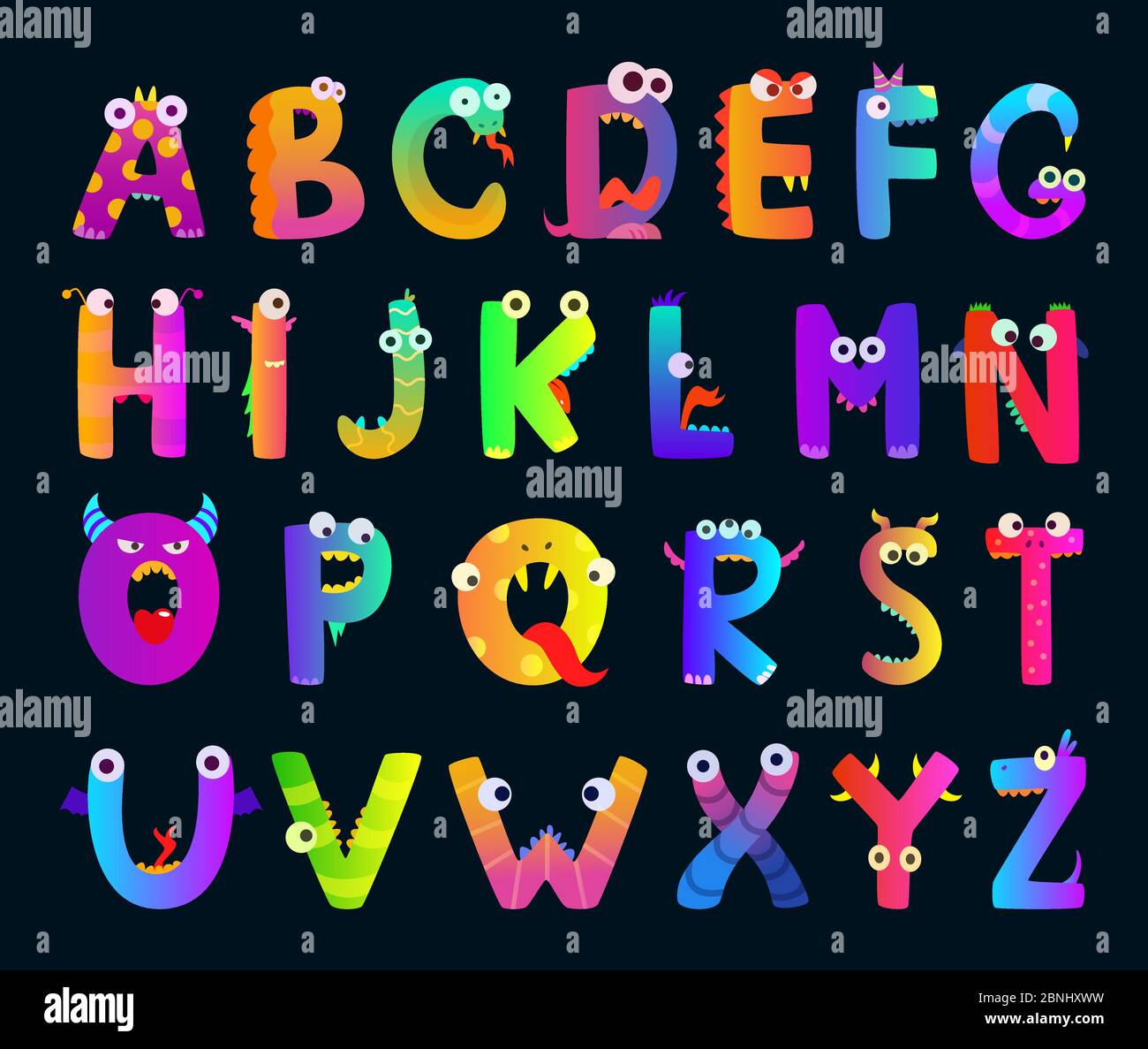 Kinder Alphabet mit lustigen Monster Buchstaben. Vektor niedliche Zeichen Stock Vektor