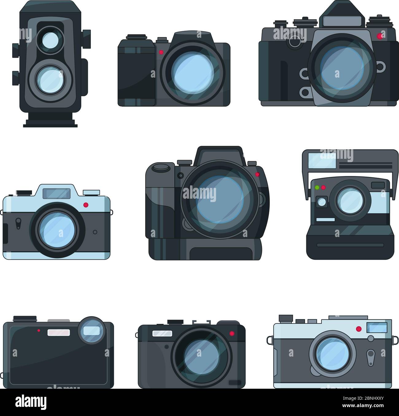 DSLR-Fotokameras. Vektor im Cartoon-Stil gesetzt Stock Vektor