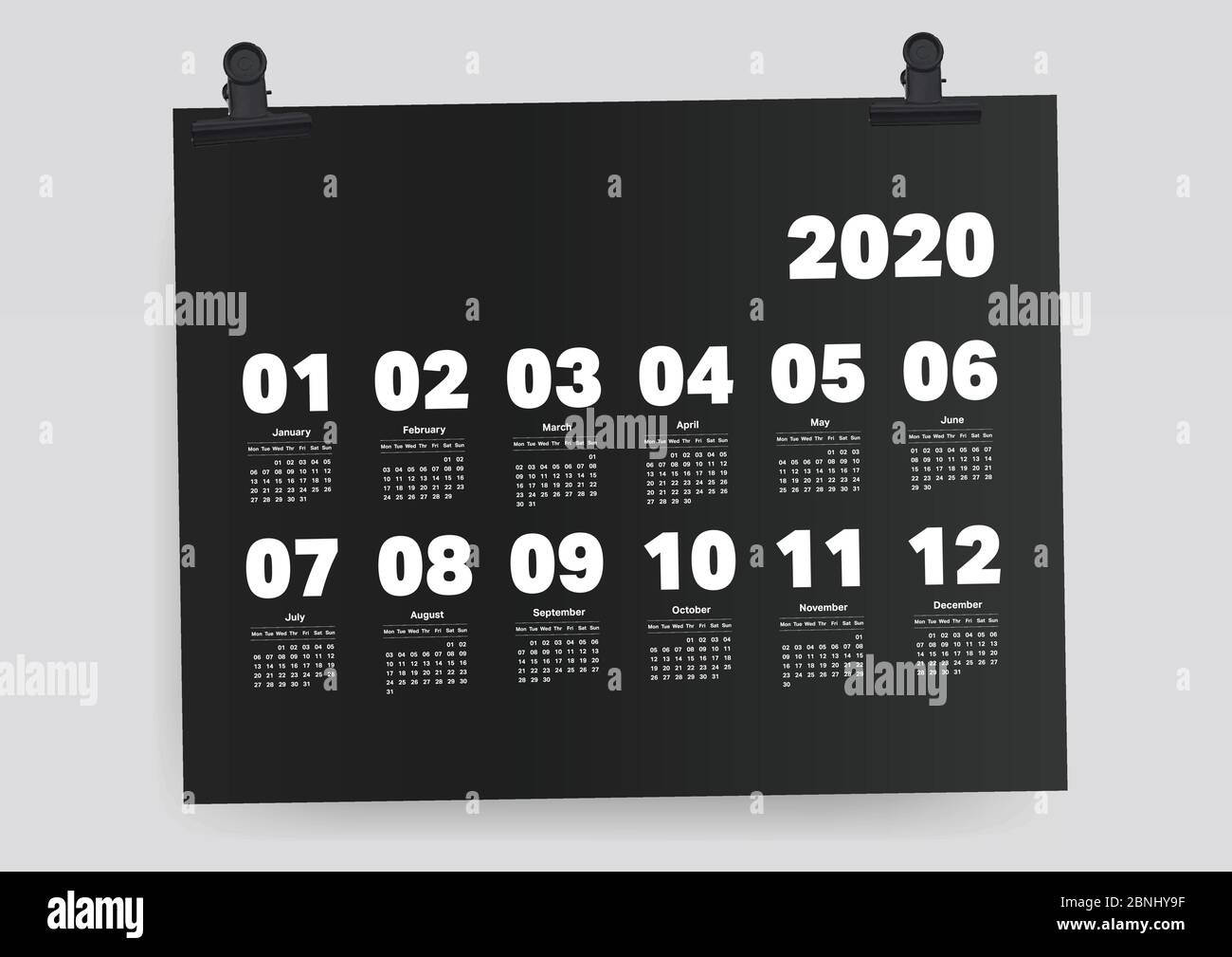 Kalender 2020 Planer auf schwarzem Papier A4-Vorlage Stock Vektor