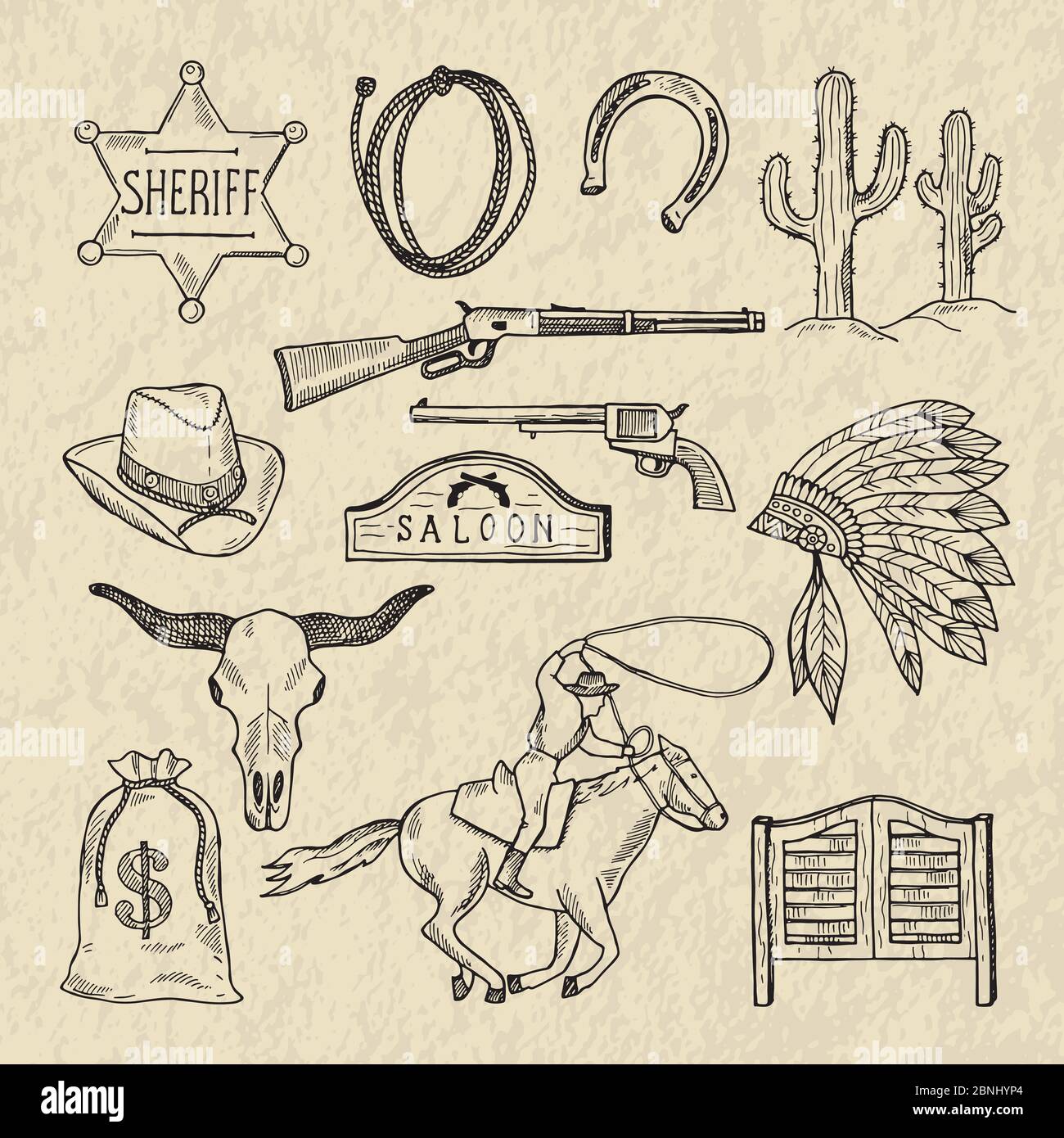 Monochrome handgezeichnete Illustrationen von verschiedenen Wild-West-Symbole. Westliche Bilder setzen Isolate Stock Vektor