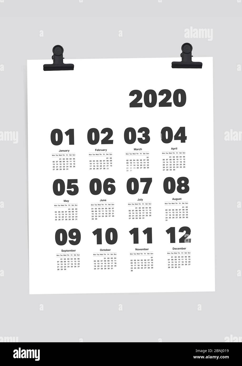 Kalender 2020 Planer auf White Paper A4 Vorlage Stock Vektor