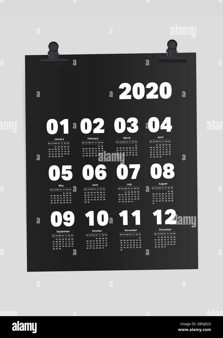 Kalender 2020 Planer auf schwarzem Papier A4-Vorlage Stock Vektor