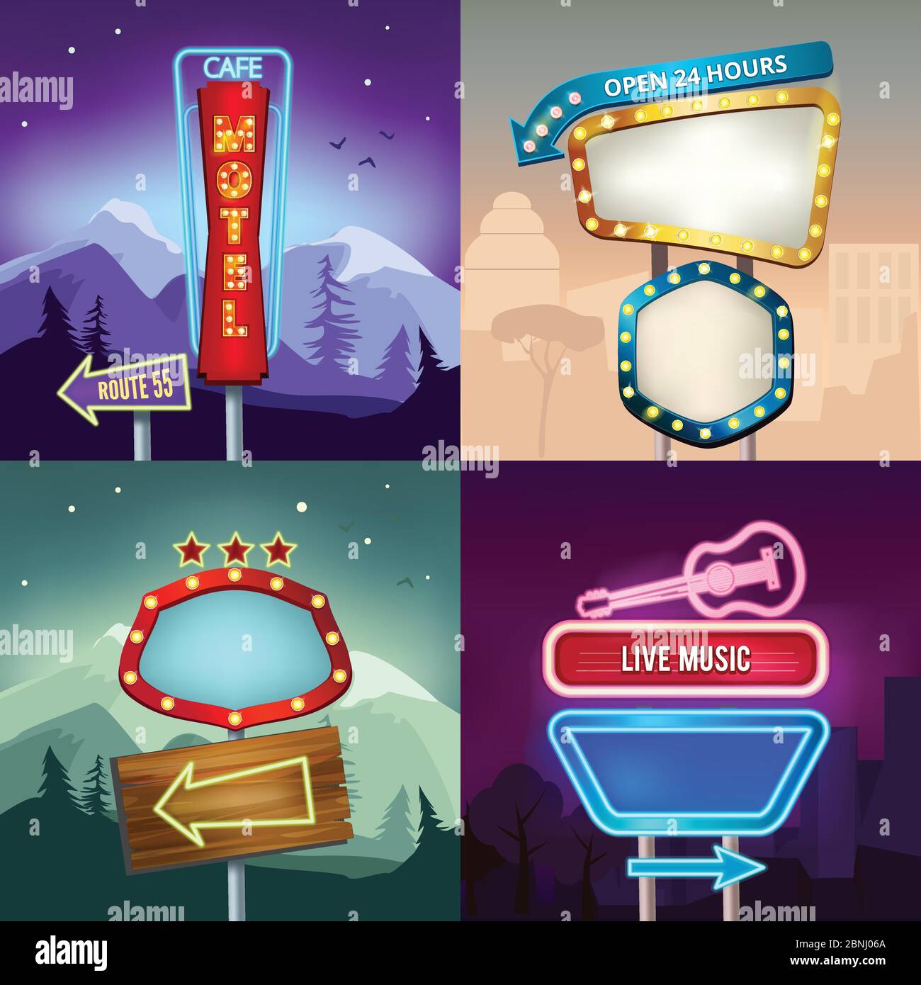 Set von Retro-Illustrationen von Landschaft mit Beleuchtung Neon Banner für Werbung. Brett für Motel und Shop Stock Vektor