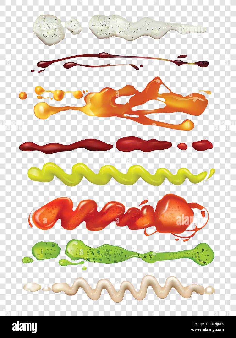 Realistische Illustrationen von verschiedenen Soßen für Lebensmittel. Wasabi, Mayonnaise und Ketchup Stock Vektor