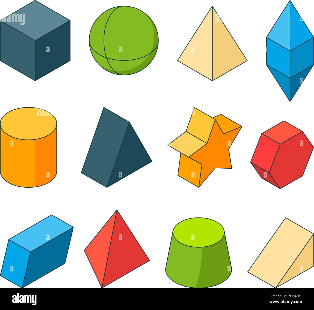3d-Modell von Geometrieformen. Farbige Bilder Sätze. Pyramiden, Sterne, Würfel und andere Stock Vektor