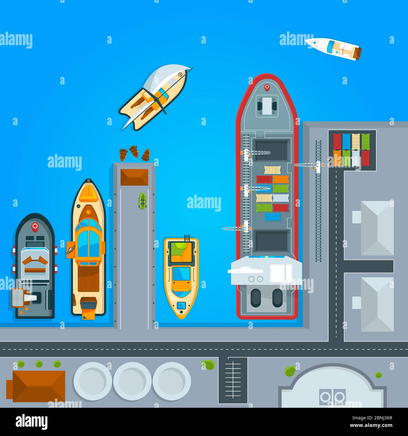 Schiff und Seeboote im Dock. Draufsicht Illustrationen Stock Vektor