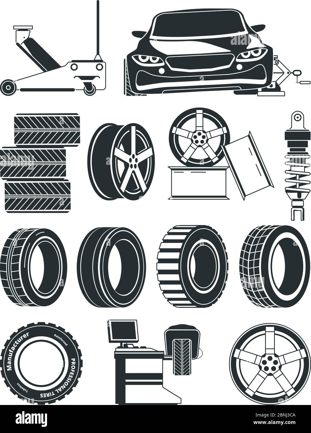 Monochrome Abbildungen von Reifen-Service-Symbolen, Rädern und Autos Stock Vektor