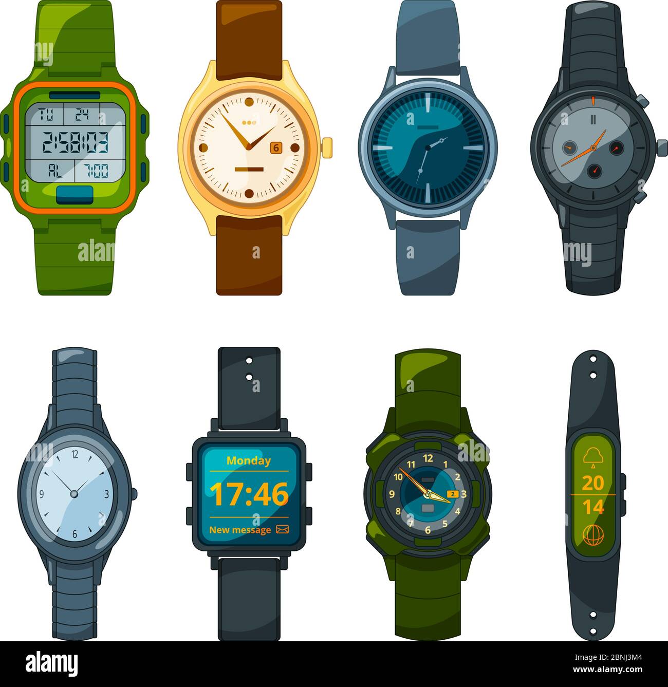 Klassische und sportliche Armbanduhren für Damen und Herren. Bilder im Cartoon-Stil Stock Vektor