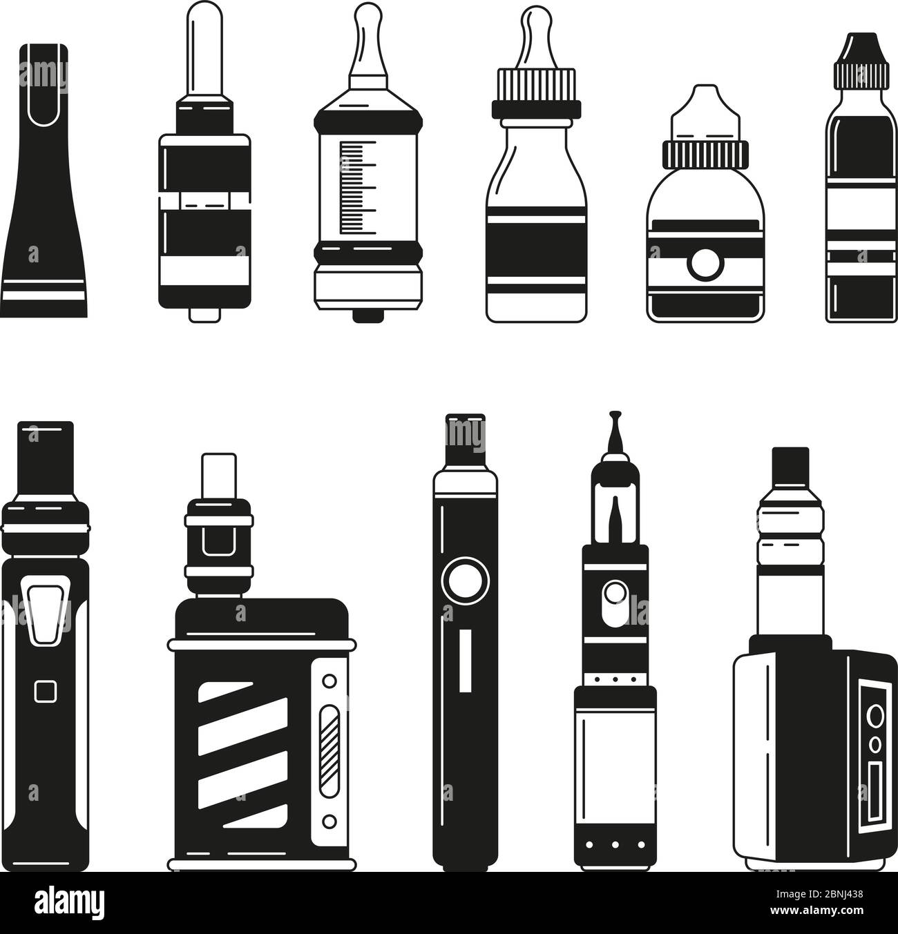 Elektronische Zigaretten und Flaschen für Raucher Club oder Shop. Vektor-Schwarzweißbilder Stock Vektor