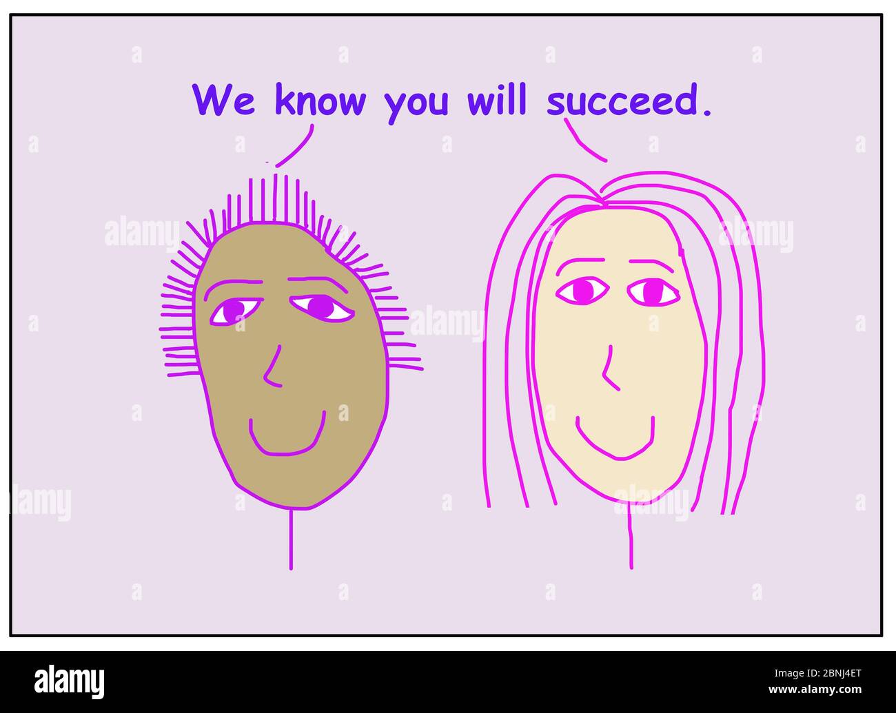 Farbe Cartoon von zwei lächelnden und ethnisch vielfältigen Frauen besagt, dass wir wissen, dass Sie erfolgreich sein werden. Stockfoto