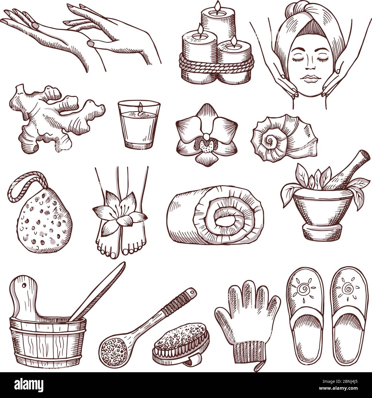 Doodle Bilder Set für Entspannung oder Massage Spa Salon. Illustrationen zur Aromatherapie Stock Vektor