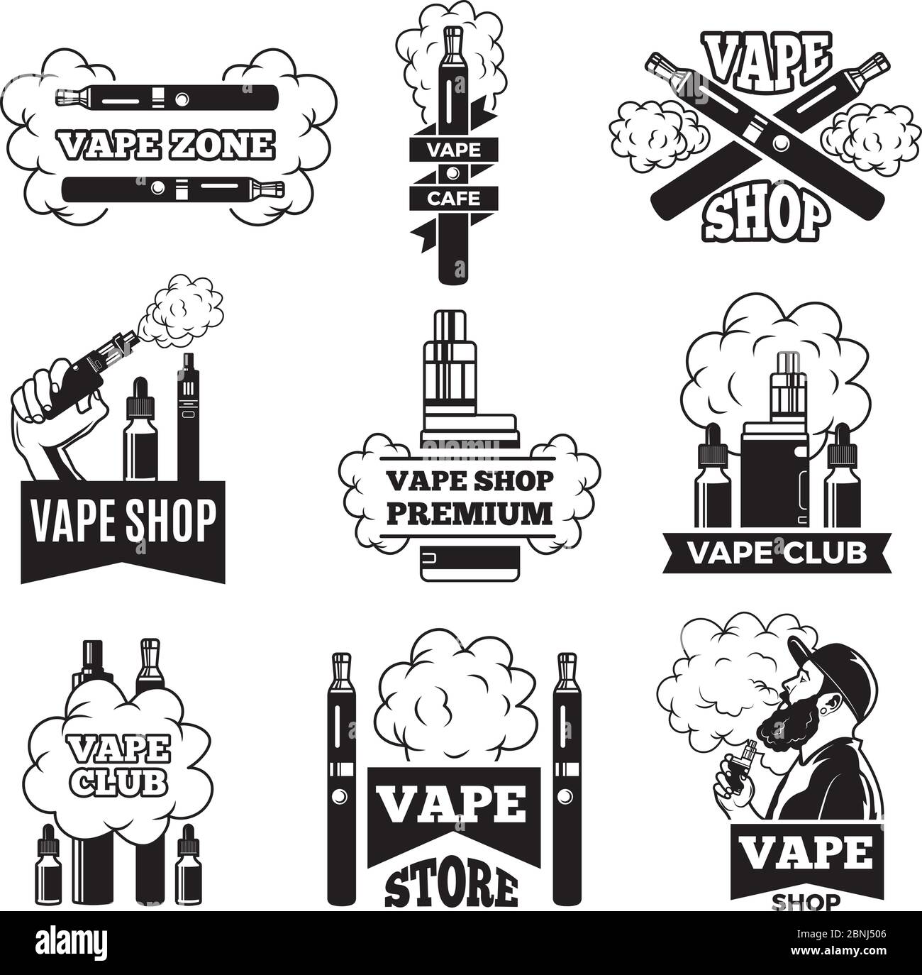 Abzeichen und Etiketten mit Abbildungen von Dampf aus der elektrischen Zigarette. Bilder für Vaping Club oder Shop Stock Vektor