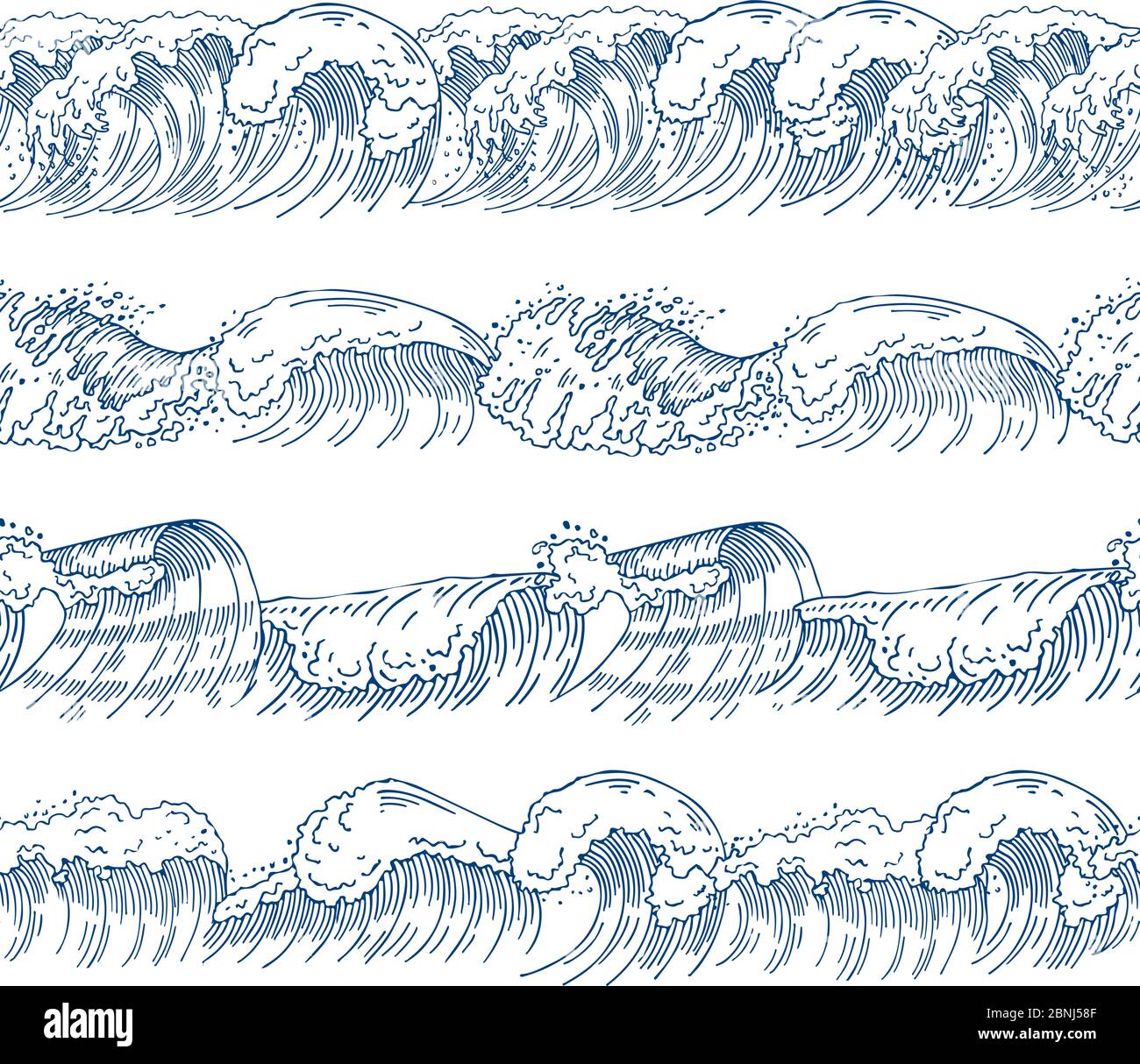 Horizontale nahtlose Muster mit verschiedenen Wellen des Ozeans. Handgezeichnete Bilder gesetzt Stock Vektor