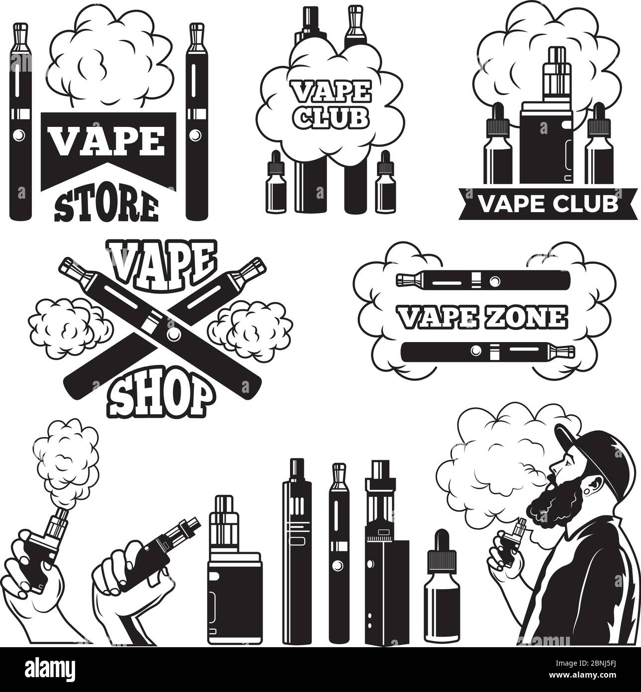 Monochrome Etiketten Set für Dampfen und Rauchen Club oder Shop. Elektronische Zigarette Stock Vektor