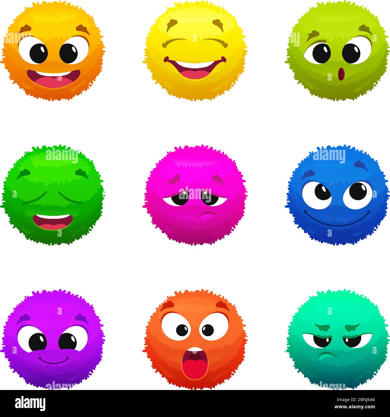 Lustige bunte pelzige Emoticons. Cartoon-Figuren mit verschiedenen Emotionen Stock Vektor