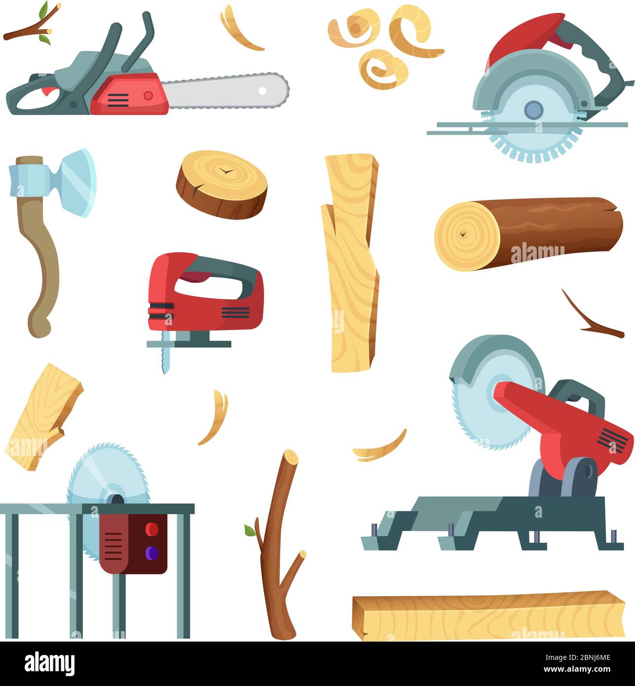 Icon-Set von verschiedenen Werkzeugen der Holzindustrie Produktion Stock Vektor