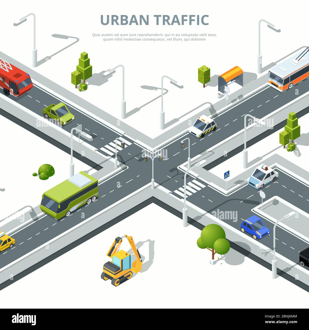 Kreuzung der Stadt. Illustrationen des Stadtverkehrs mit verschiedenen Autos. Isometrische Vektorbilder Stock Vektor