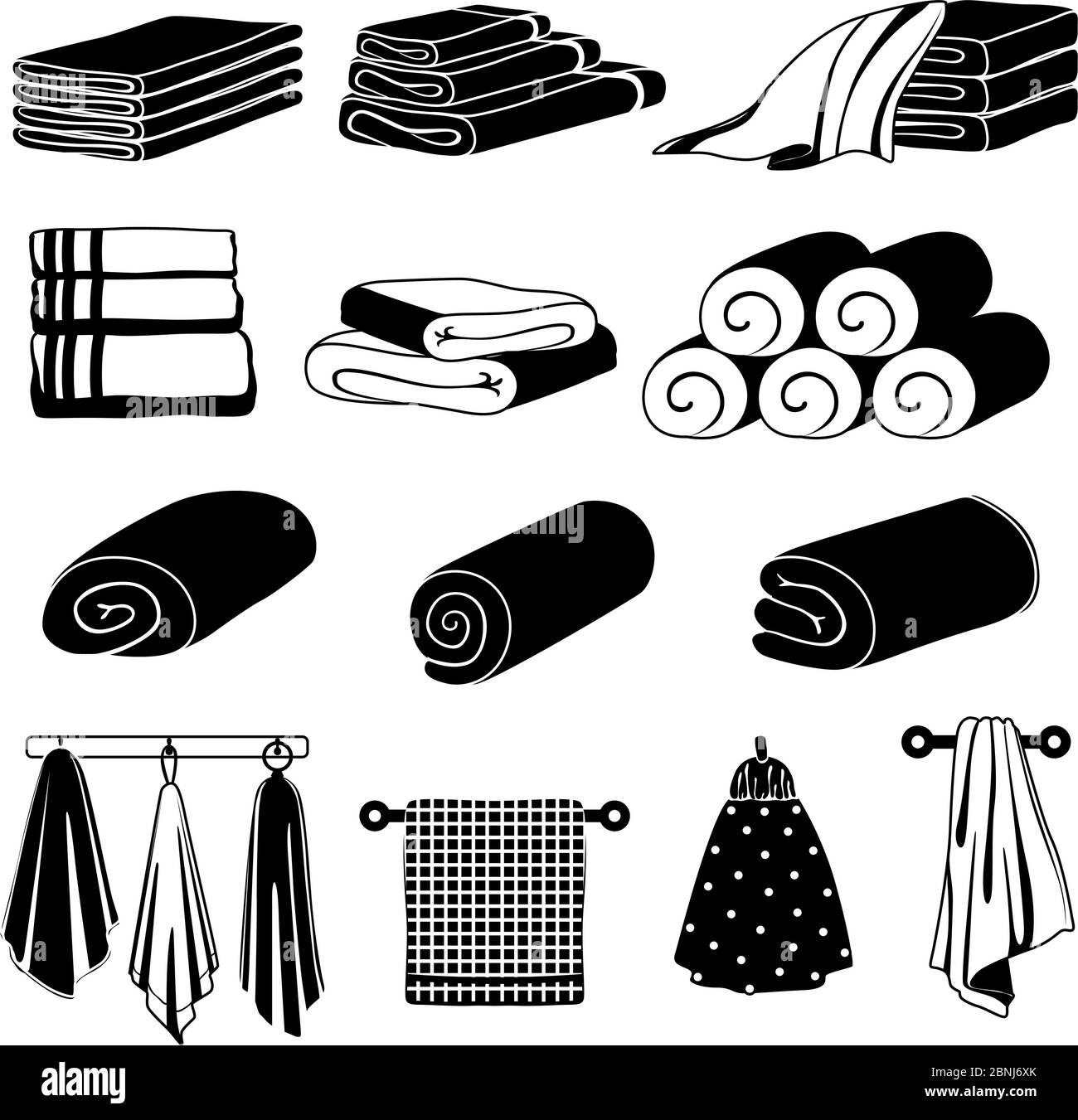 Monochrome Illustrationen von verschiedenen Handtüchern. Vektorset auf Weiß isolieren Stock Vektor