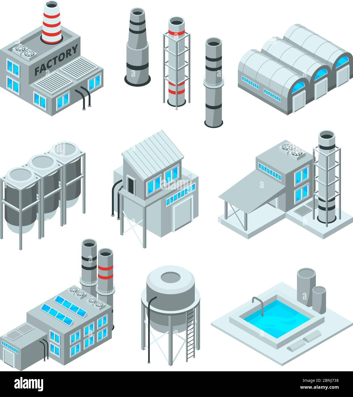 Satz von Industrie- oder Fabrikgebäuden. Isometrische 3d-Bilder Stock Vektor