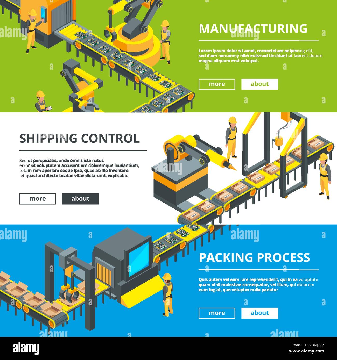 Automatisierte Branchenlinie. Fertigung. Horizontale Vektorbanner Stock Vektor