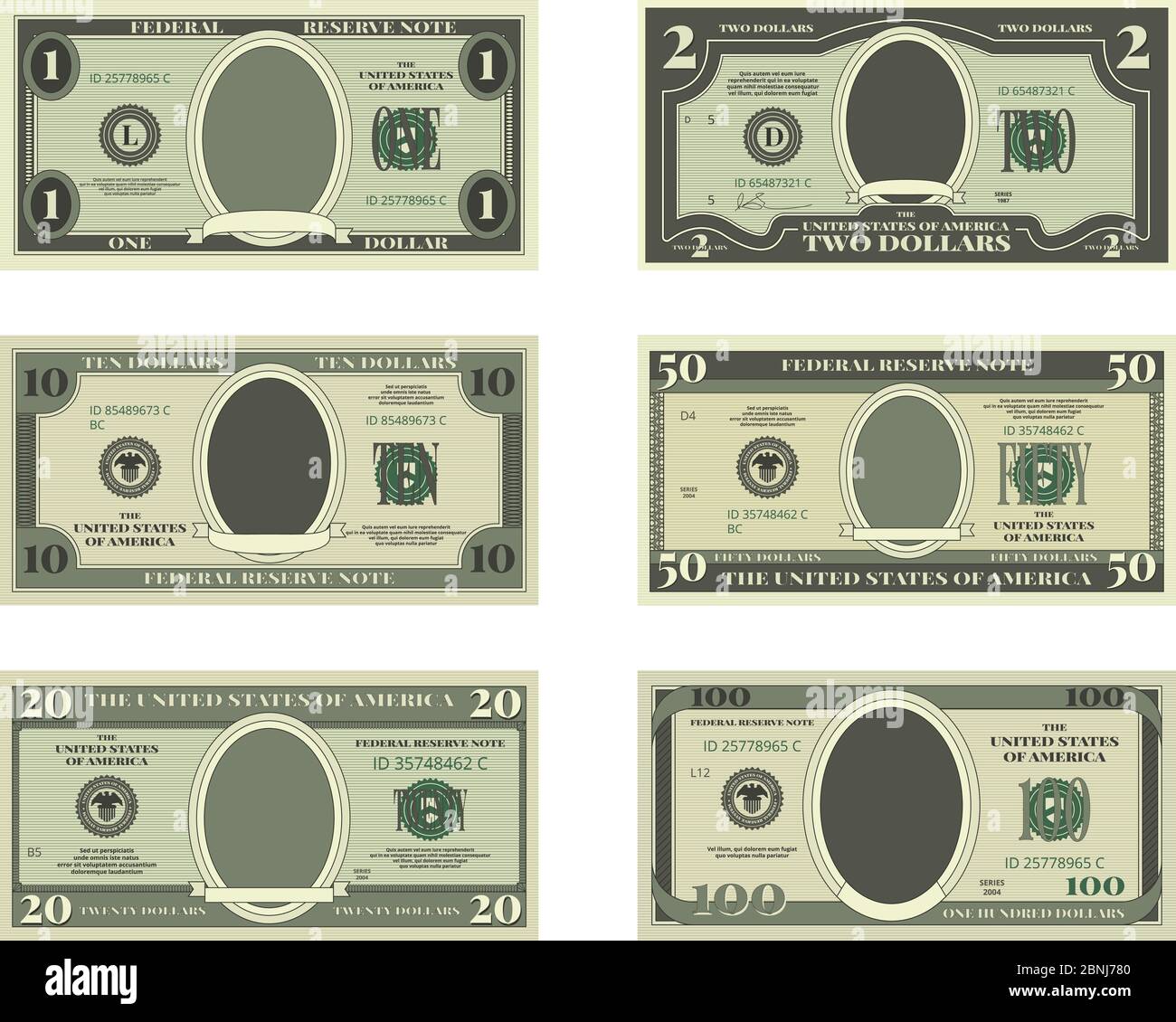 Vorlage für gefälschtes Geld. Vektorbilder von Dollar Stock Vektor