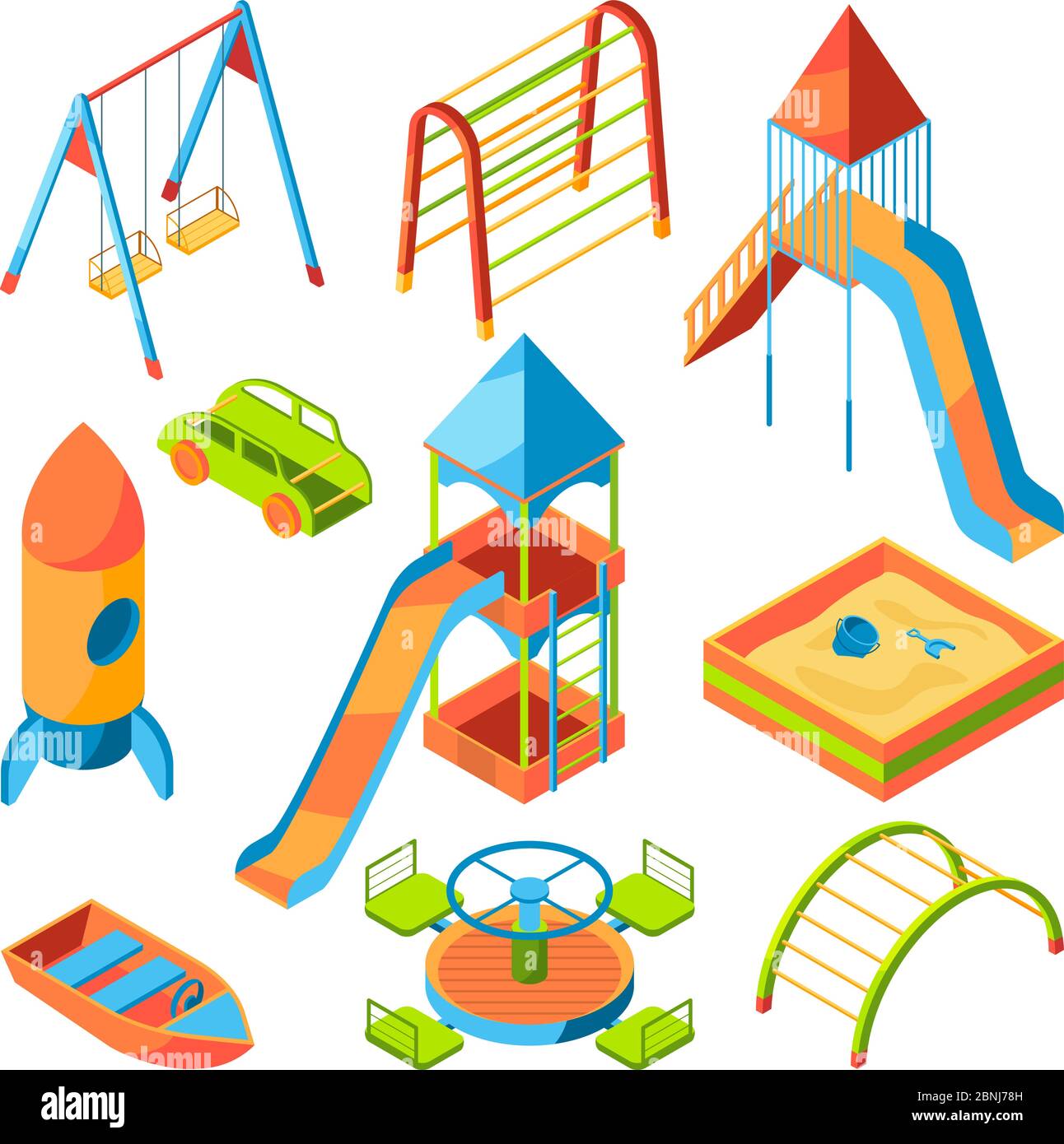 Vektor isometrische Bilder von Kindern Spielplatz mit verschiedenen Spielzeugen Stock Vektor