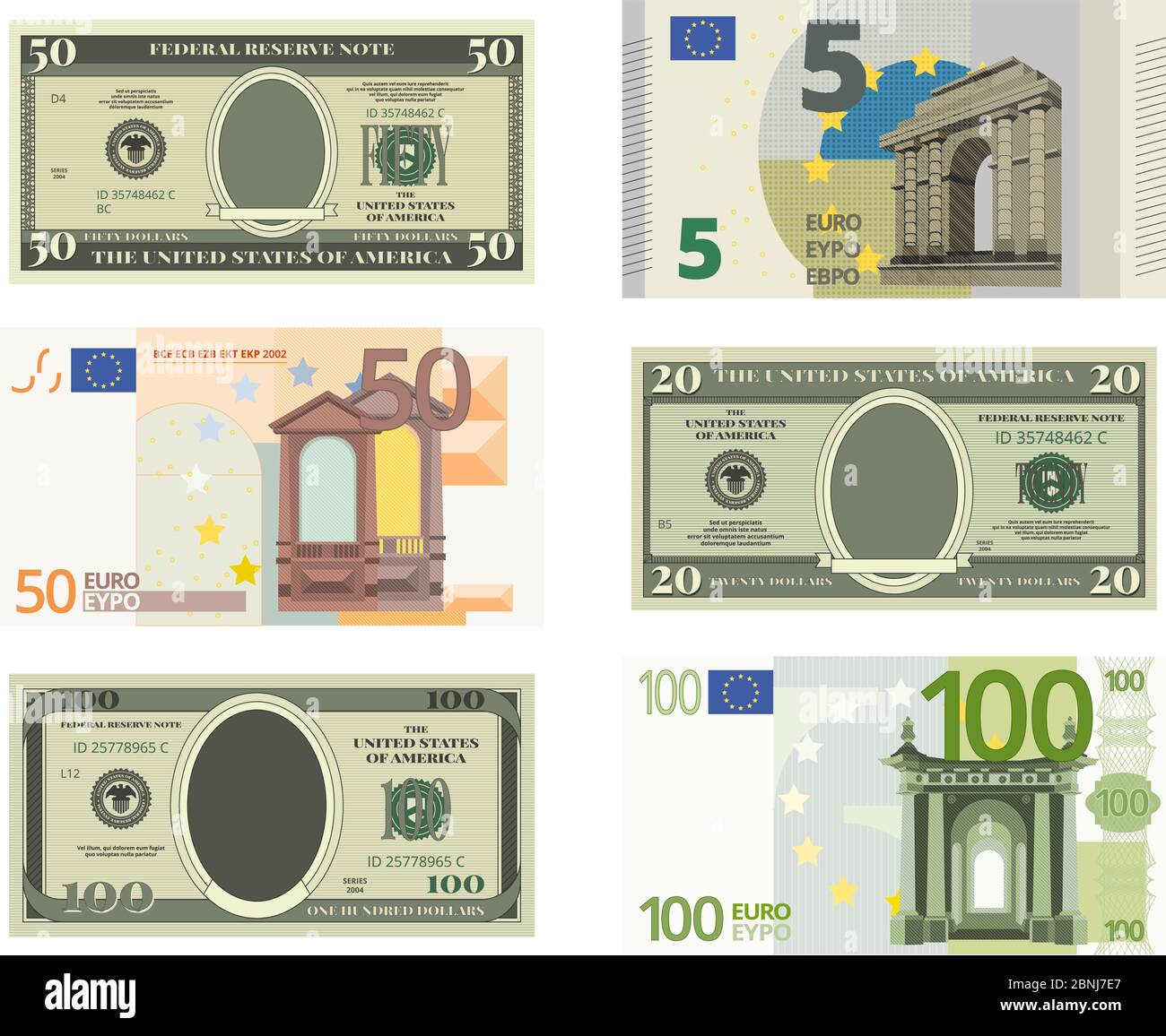 Illustrationen von falschen Dollars und Euro. Vektorbilder von Geld Stock Vektor