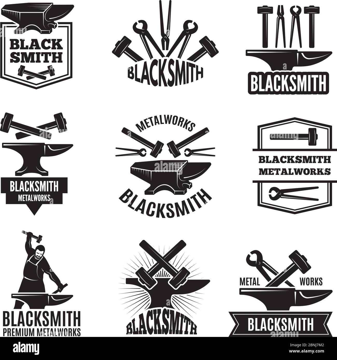 Schwarze Logos für Schmied. Vintage Etiketten Set Stock Vektor