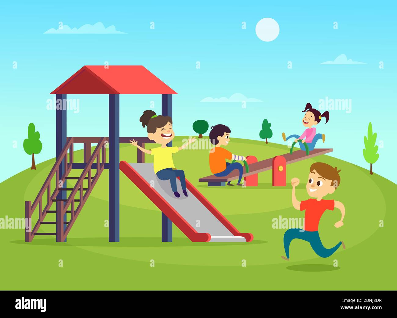 Lustig spielende Kinder auf dem Spielplatz. Vektorgrafik Stock Vektor