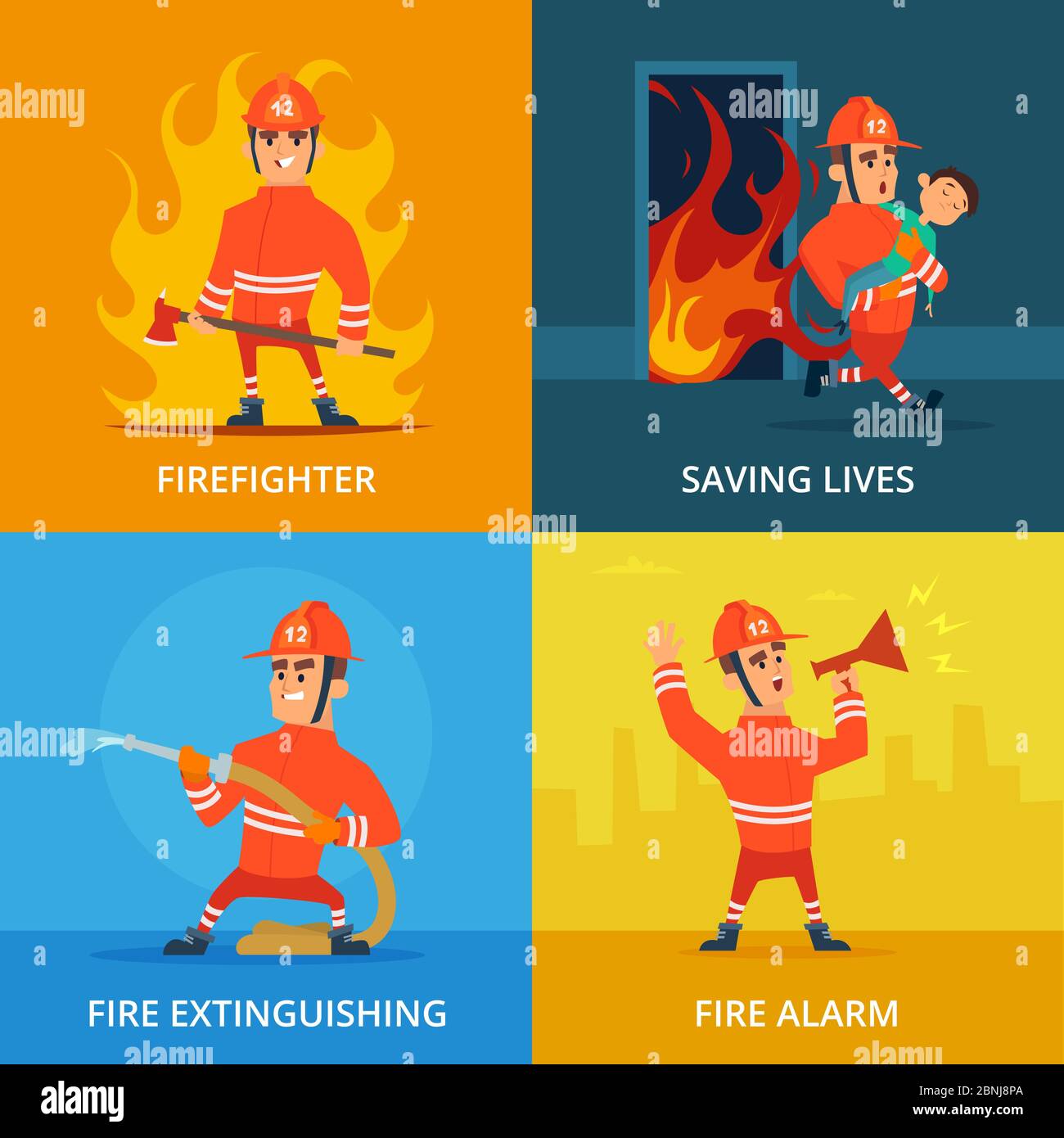 Konzeptionelle Bilder von Feuerwehrmann und Arbeitsmitteln Stock Vektor