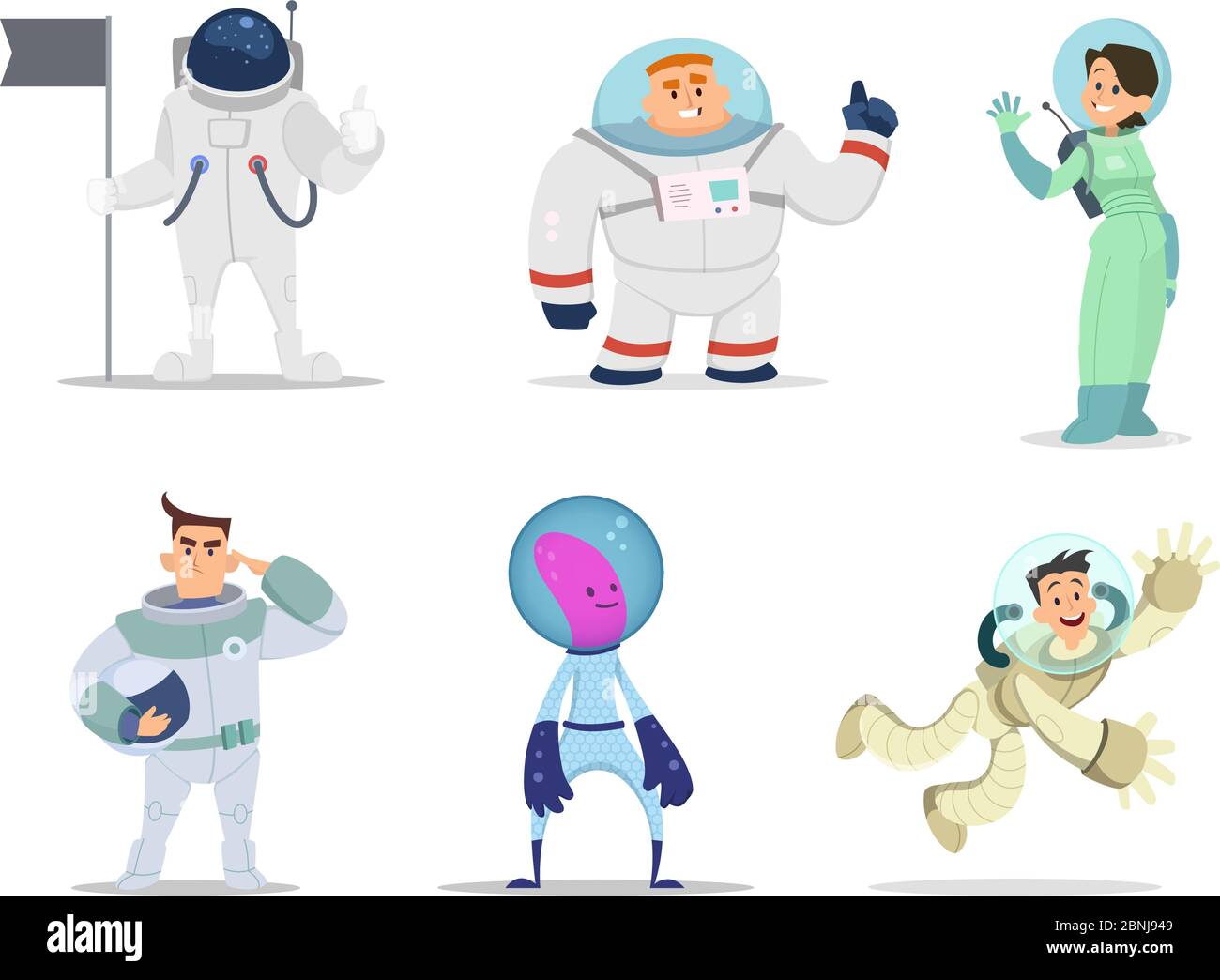 Astronauten und Astronauten. Cartoon-Figuren in Aktion Posen Stock Vektor
