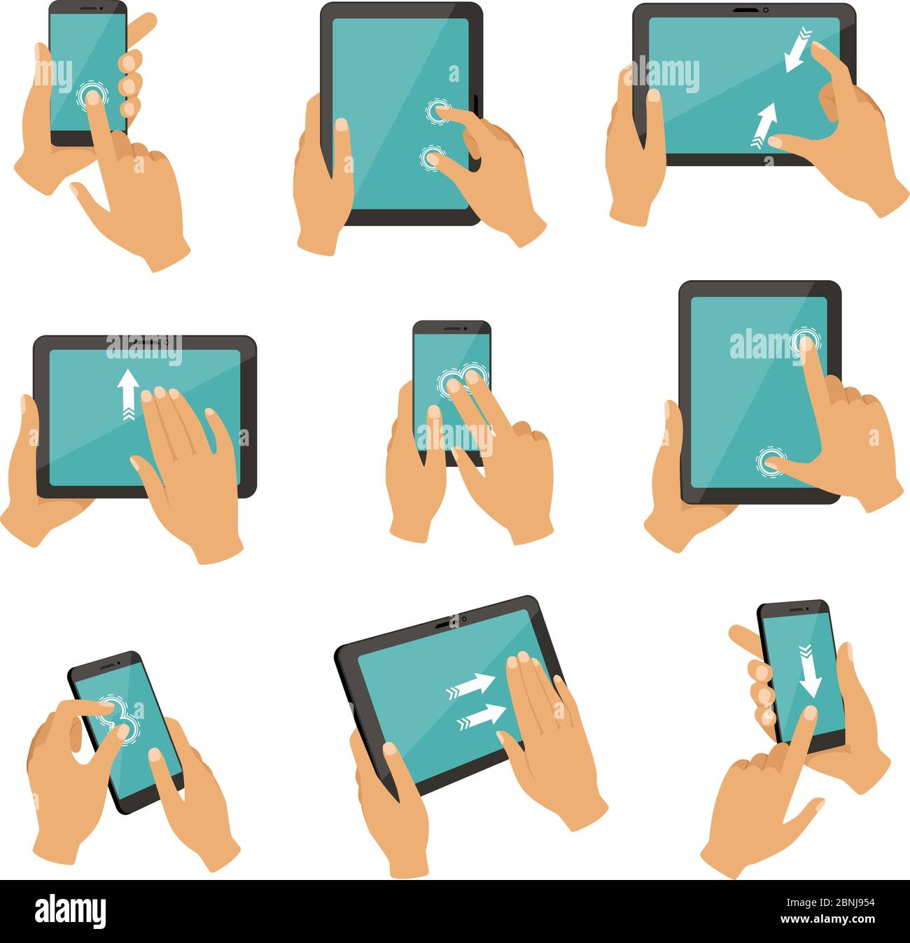 Illustrationen von Gesten zur Steuerung verschiedener Geräte Tablets und Smartphones Stock Vektor