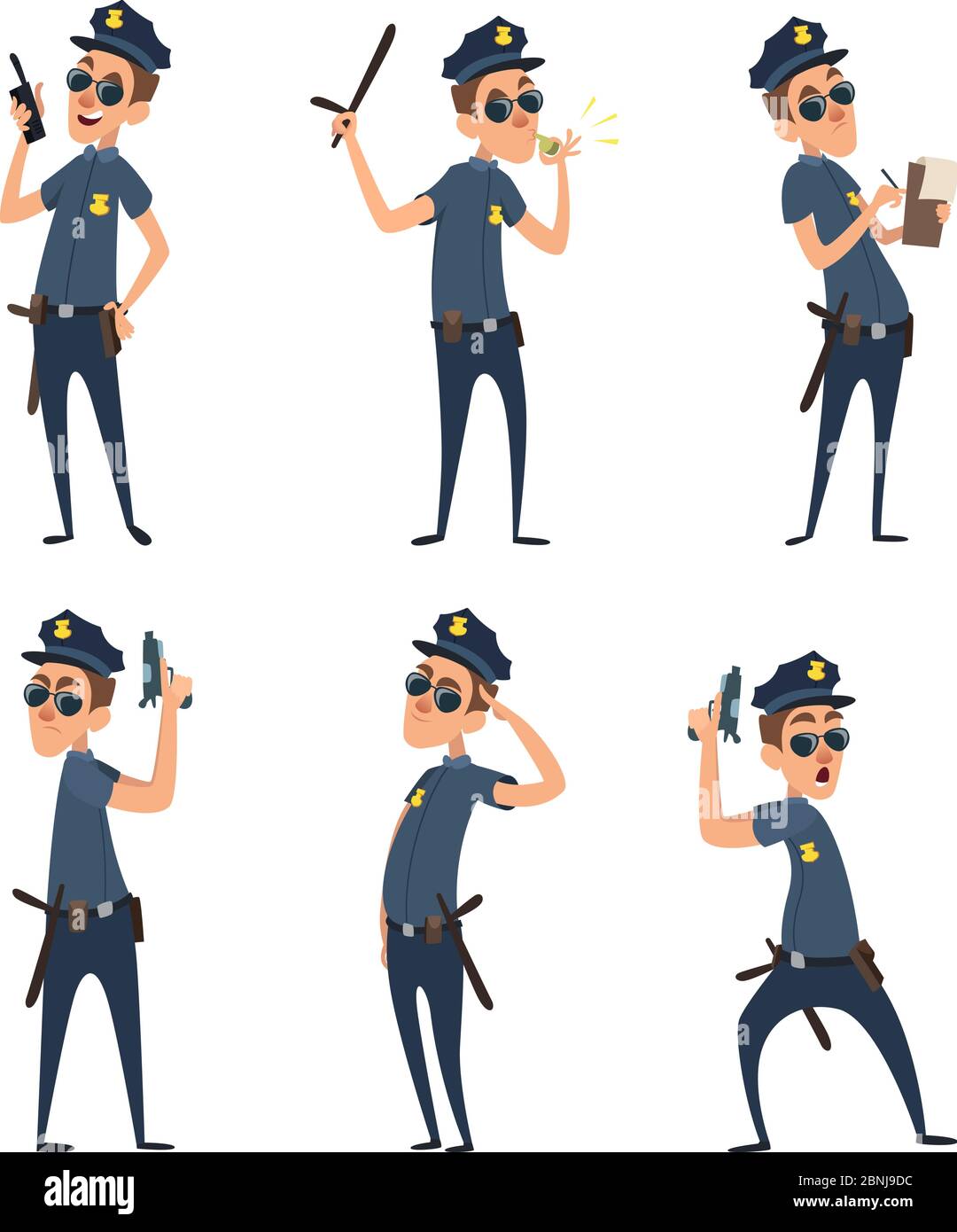 Lustige Comic-Figuren von Polizisten in Aktion Posen Stock Vektor