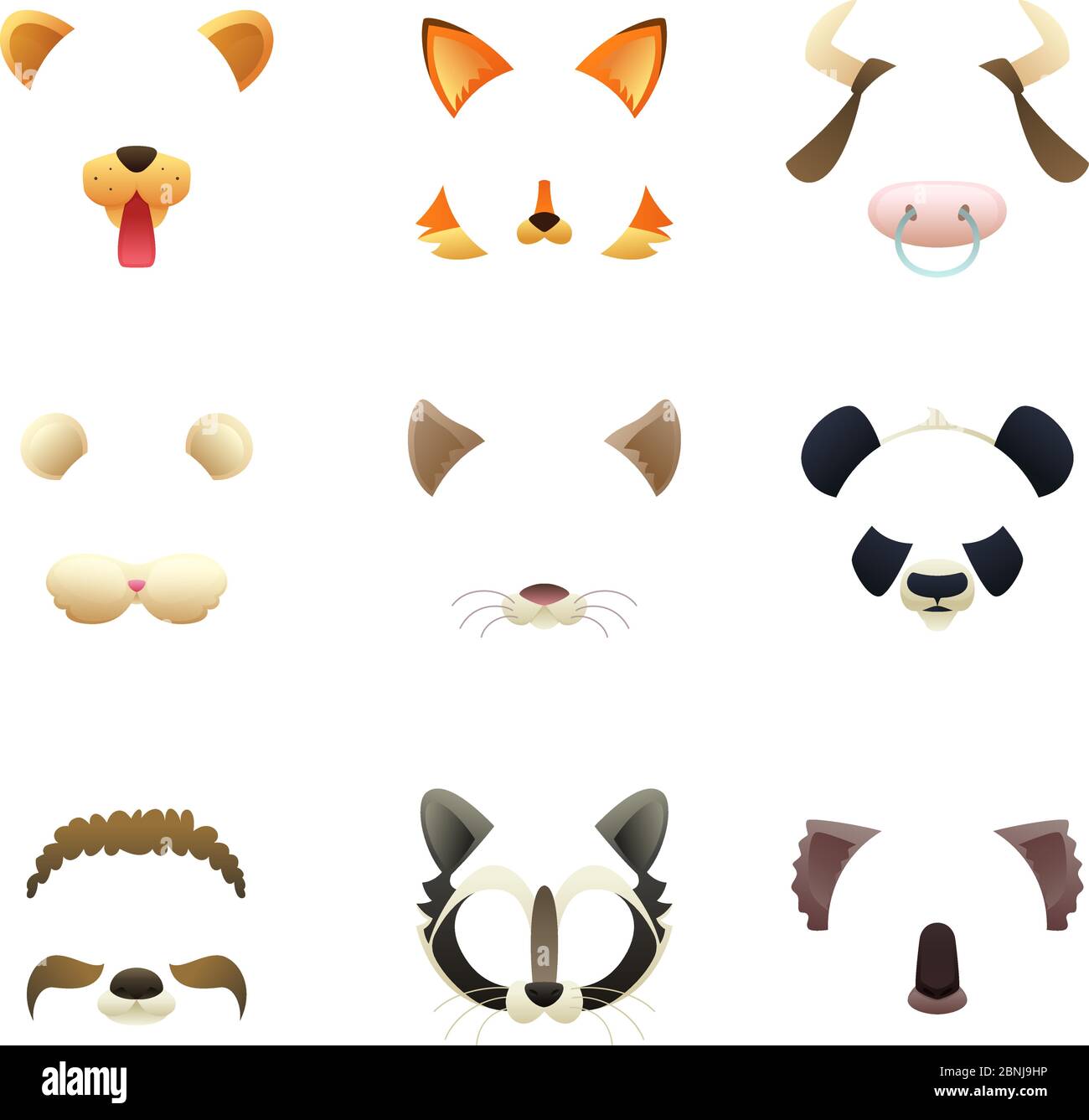 Masken von lustigen Tieren. Ohren und Nase. Vektorbilder für Foto- oder Videofilter Stock Vektor