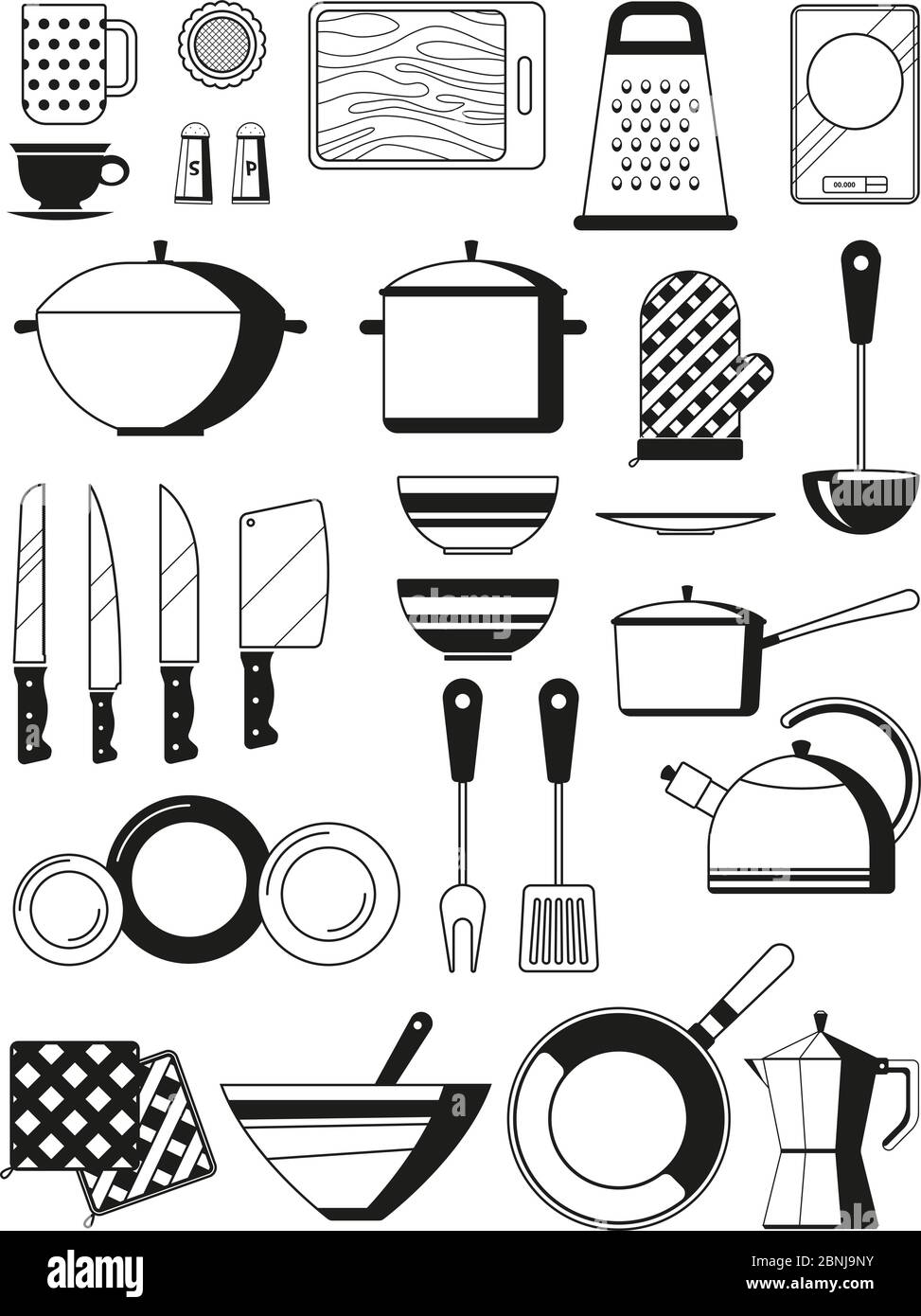 Monochrome Illustrationen von Küchengeräten. Vektor-Silhoette von Restaurant Utensil Stock Vektor