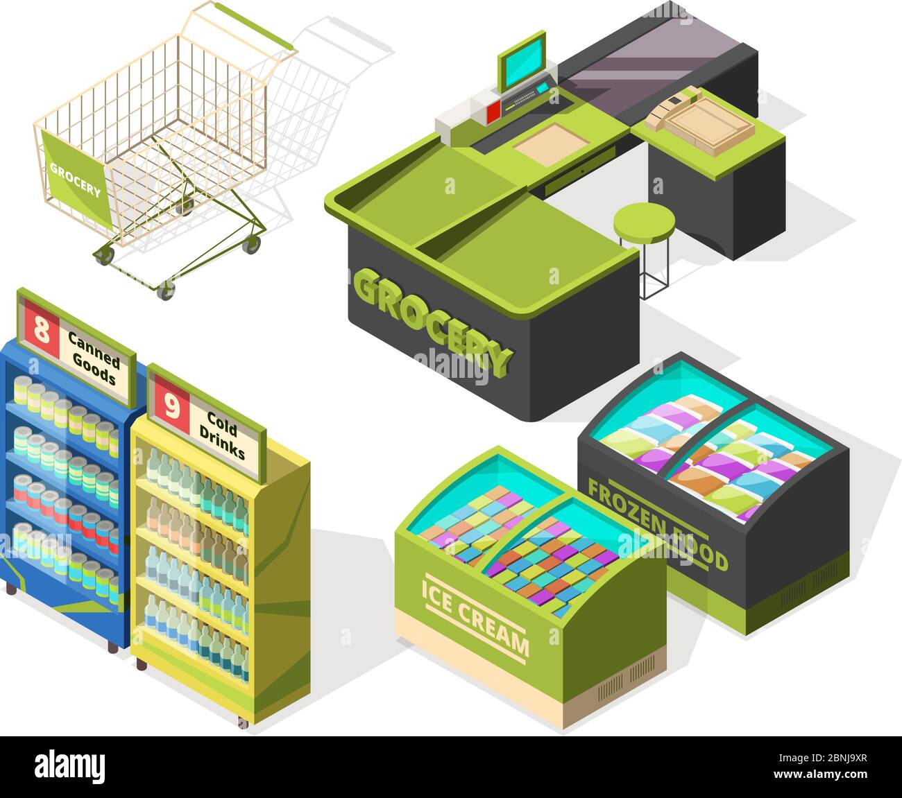 Isometrische Konstruktionen für Supermarkt oder Lager. Einkaufswagen, Terminal und Lebensmittelschalter Stock Vektor