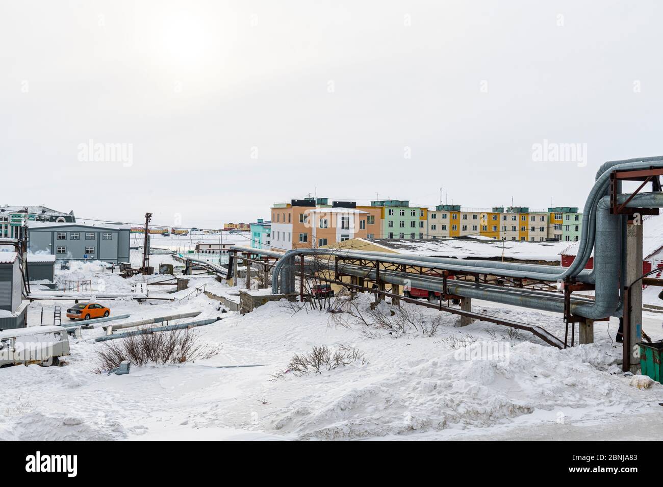 Open Air-Wärmepipeline, Anadyr, östlichste Stadt in Russland, Tschukotka autonomen Okrug, Russland, Eurasien Stockfoto