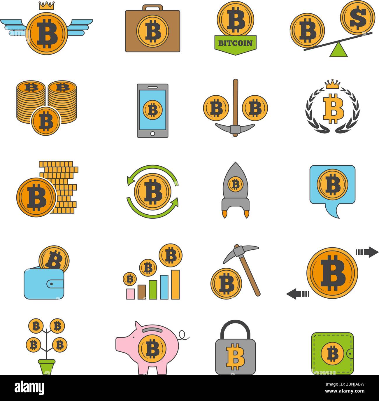 Symbolsatz für Krypto-Geschäft. Bitcoin und andere alt-Münzen aus der Blockchain-Technologie Stock Vektor