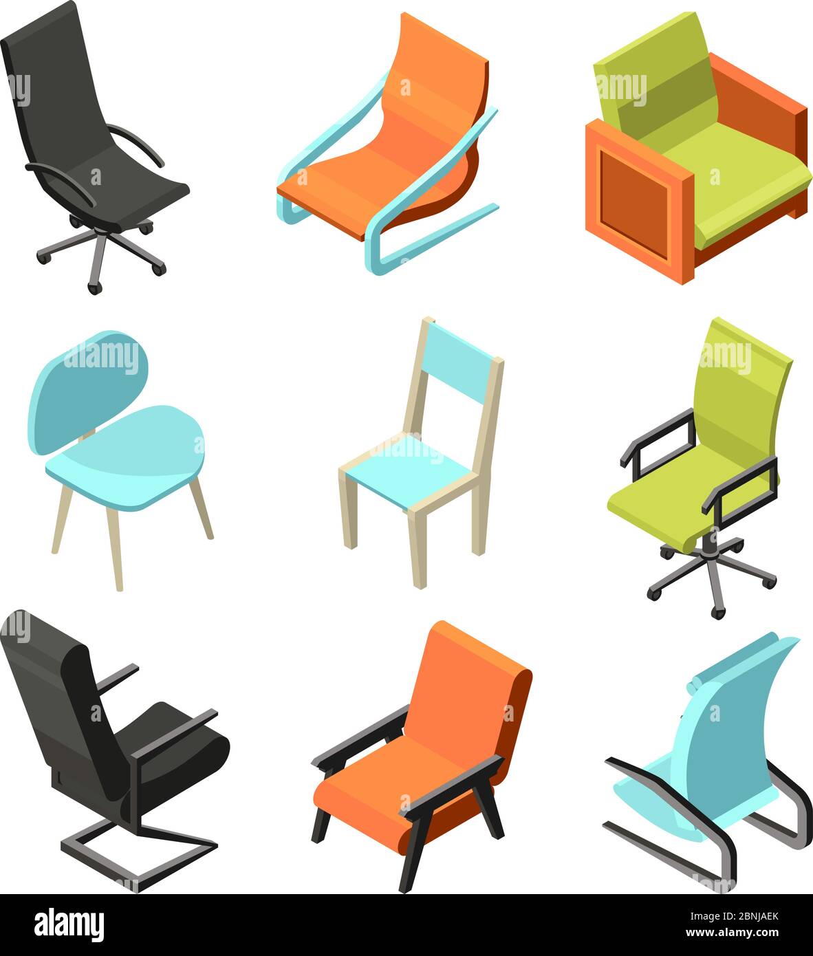 Büromöbel. Verschiedene Stühle und Sessel aus Leder. Isometrische Bilder Stock Vektor