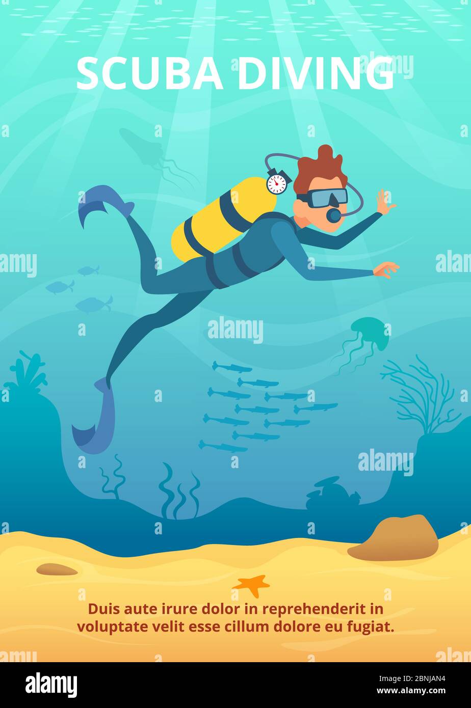 Unterwasser-Hintergrundbild mit Cartoon Taucher Stock Vektor