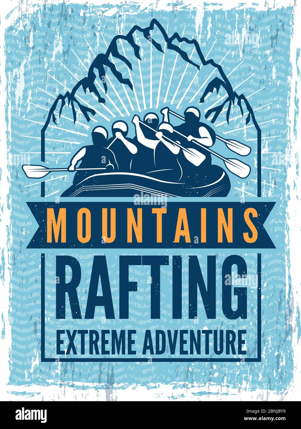 Poster für Extremsportverein. Monochrome Illustration von Rafting. Kanu oder Kajak auf dem Meer Stock Vektor