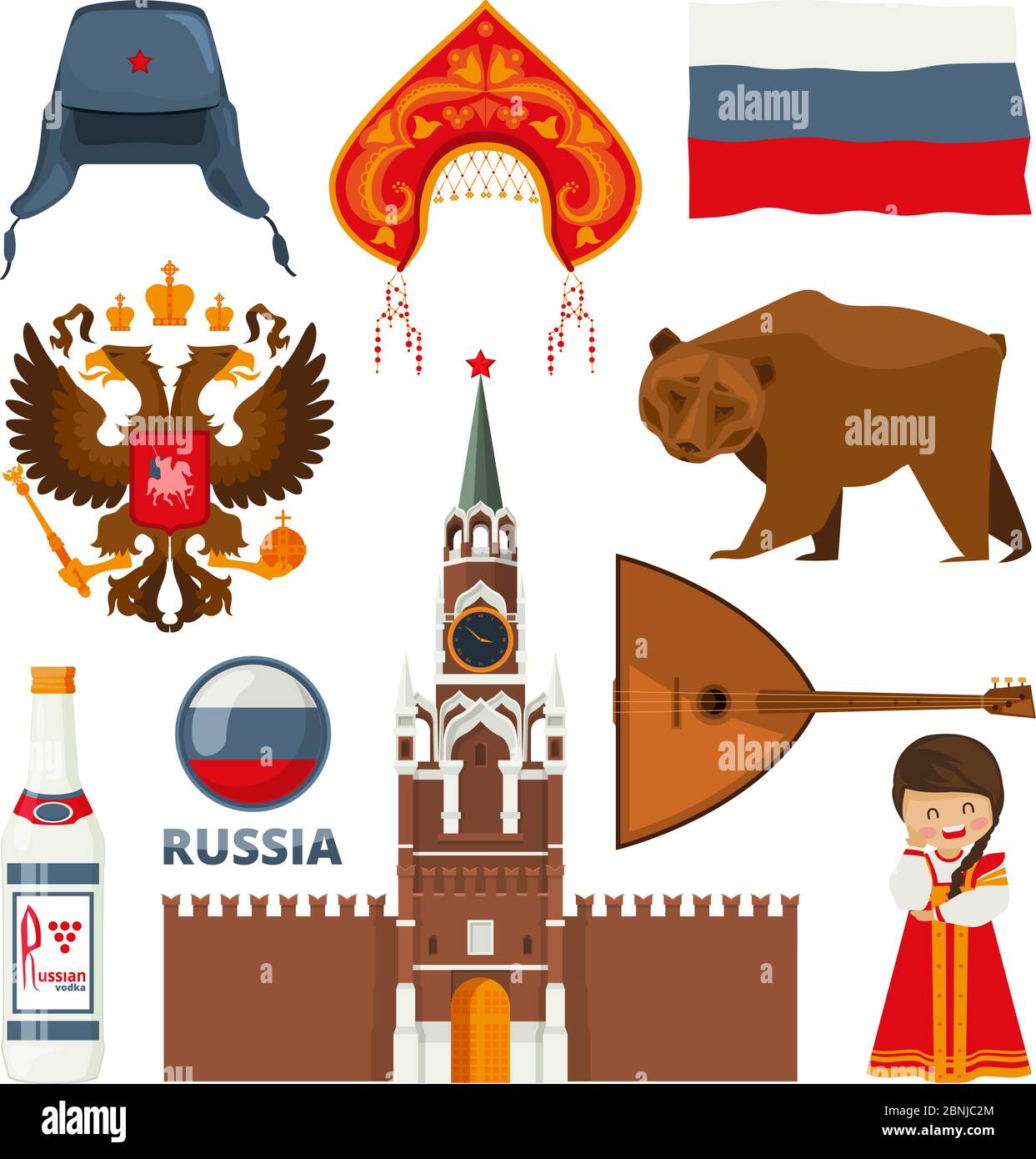 Set von verschiedenen traditionellen nationalen Symbolen russlands moskau Stock Vektor