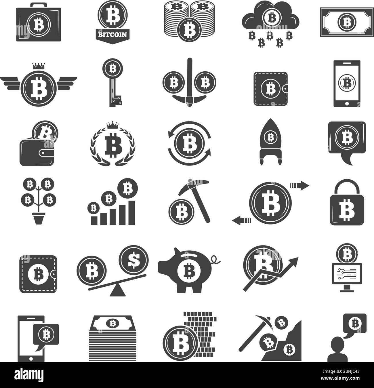 Monochrome Symbole des virtuellen Geldes. Elektronische Blockchain-Industrie. Web Wallets und andere Symbole der Krypto-Business Stock Vektor