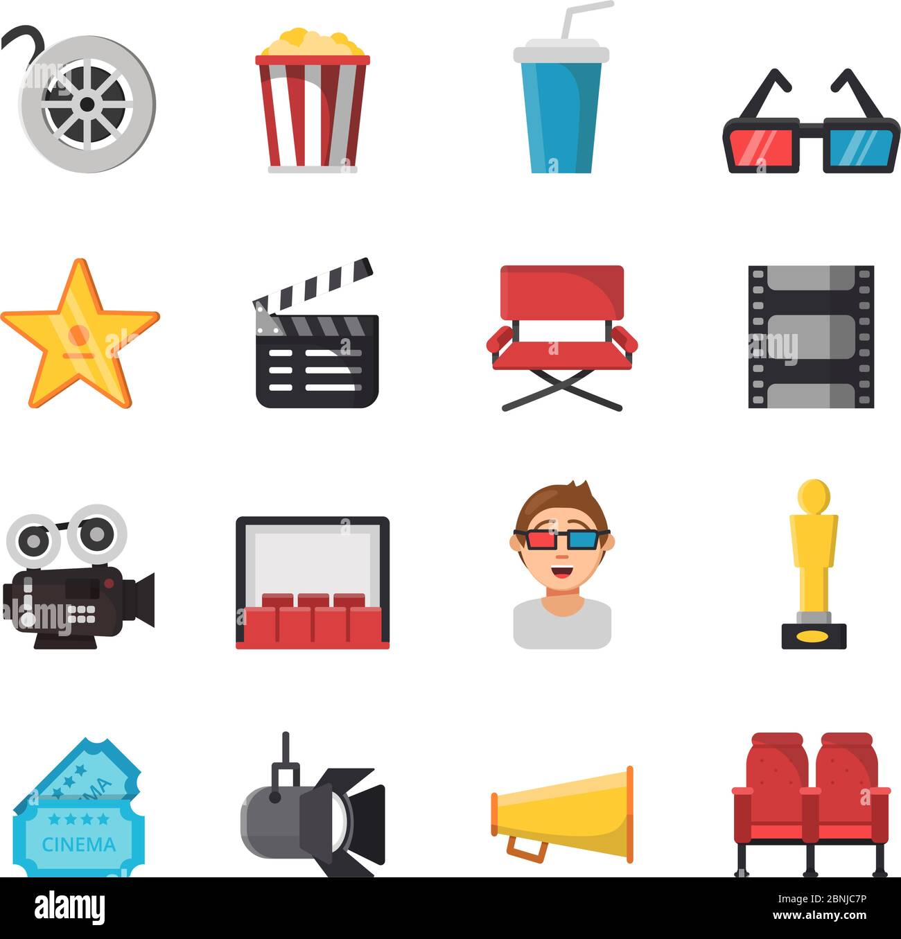 Symbolsatz für tv-Show- und Kino-Symbole. Vektorbilder von Tickets, Popcorn, Kamera und anderen Illustrationen Stock Vektor