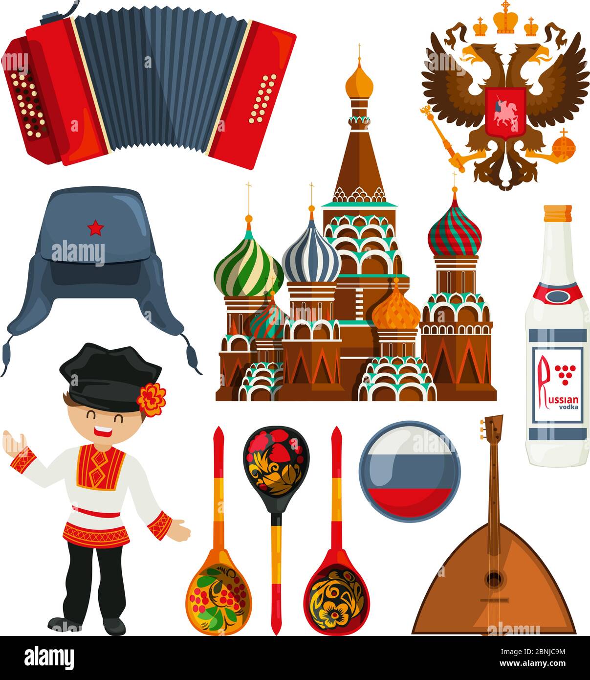 Russische Wahrzeichen und verschiedene traditionelle Symbole Stock Vektor