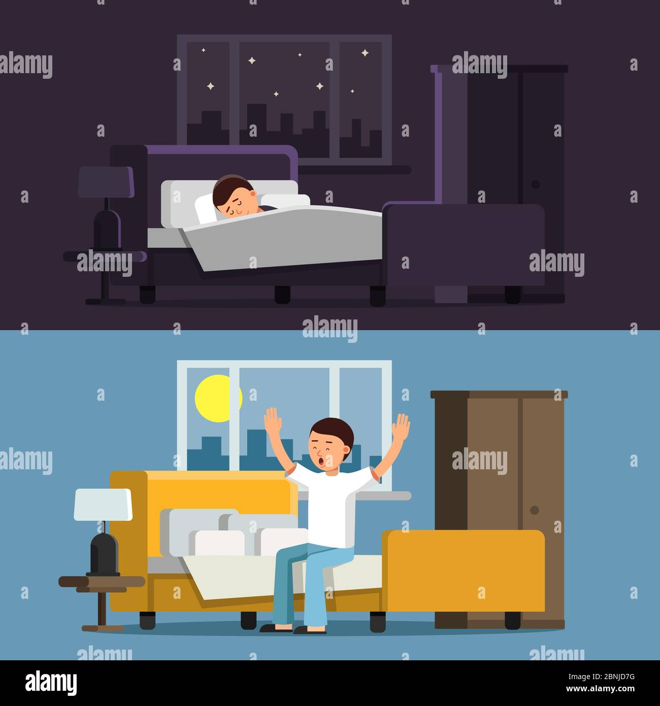 Illustrationen von entspannten Menschen. Schlafender Mann im Bett in der Nacht. Männlich am Morgen Stock Vektor