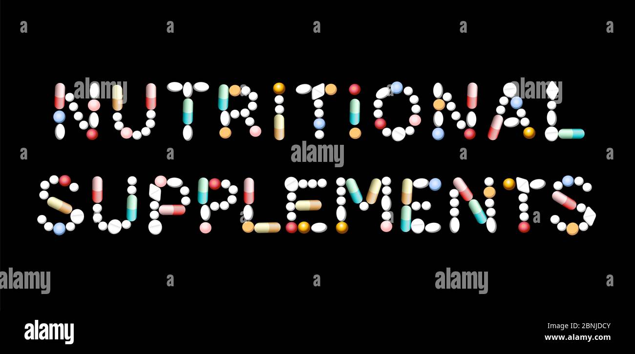 NAHRUNGSERGÄNZUNGSMITTEL mit Pillen geschrieben - über die Aufnahme von Vitaminen, Proteinen oder Mineralien zusätzlich zu natürlichen Lebensmitteln. Stockfoto